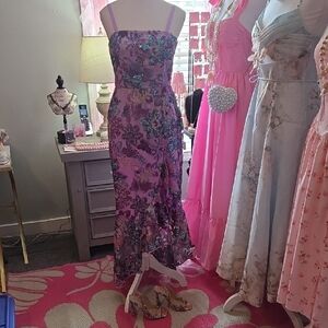 Boston Proper Floral Embroided Mesh Applique Ruffle Slit Midi Purple Dress